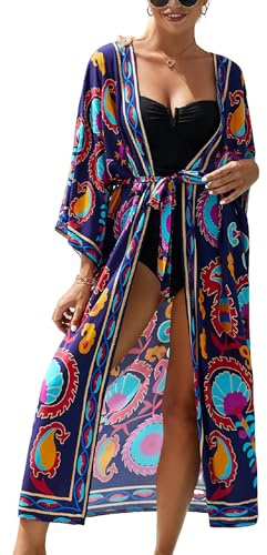 Jarseila kaftan dam strandklänningar lång kofta boho kimono cardigan strand sommar bikini täcka maxiklänning casual, lila, one size