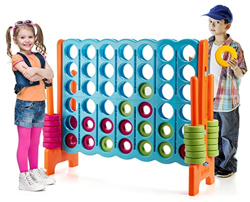 Jumbo 4-in-a-Row Game Set, Giant Game Set with Quick-Release Slider & 42 Jumbo Rings, Yard Games, 120 cm x 140 cm 4-to-Score Outdoor for Kids Adults, Baby Blue