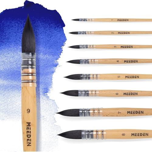 MEEDEN Pinceles de acuarela profesionales - Juego de 9 pinceles de pintura sintéticos de pelo de ardilla para artistas y aficionados con mango de madera de haya