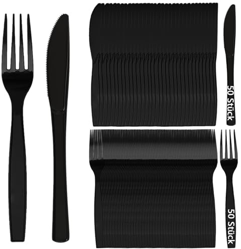 Plastikbesteck, 100 Stück Plastikbesteck Set, 50 Plastikgabeln 50 Plastikmesser Besteck Schwarz Party Besteck Wiederverwendbar für Familie Geburtstagsfeiern Hochzeiten Partys