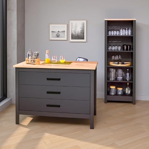 Inter Link - Kücheninsel - Mittelinsel - Arbeitsplatte - Küchenschrank mit 1 Tür und 3 Schubladen - Melaminbeschichtet - L: 124cm - H: 91,5 cm - T: 75 cm - Piazza Nero - Anthrazit - Eiche Artisan