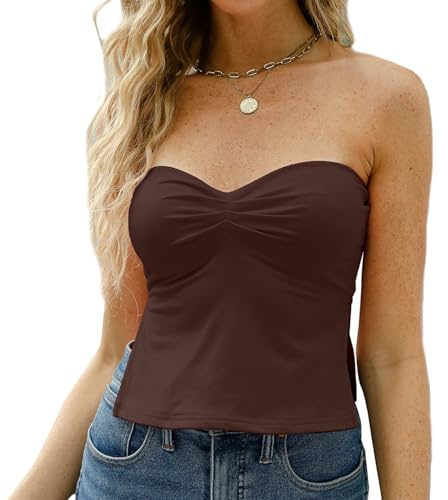 YCHUCH Donne Senza Spalline Split Orlo Bandeau Tubo Top Estate Increspato Petto Crop Off Spalla Antiscivolo Silicone Bodycon Cami Vest Donne Bandeau, Marrone scuro, S