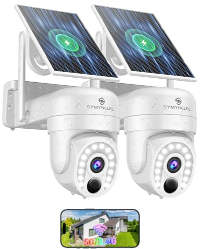 SYMYNELEC Security Cameras Wireless Outdoor: 5G&2.4G Solar Powered Camera- 360° Pan/Tilt 2K Color Night Vision Human Detection Siren 2-Way Talk Weatherproof Cloud/SD Storage 2-Packs