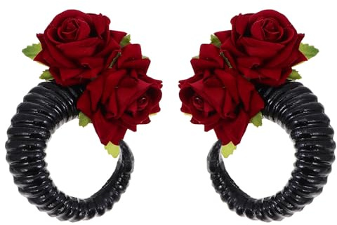 Zerodeko Ram Horn Rose Headband Pair for Women, Black Decorative Gothic Hairband with Two Roses, Festival and Halloween Hair Accessory, Photography Prop Headwear