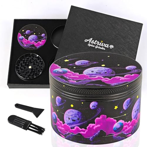 Metal Grinder Large 63mm, 4-Piece Smiley Moon Grinder for Weed with 50 Shark Teeth, Spice Crusher with Pollen Screen for Kitchen Herb (Smiley Moon,Purple D)