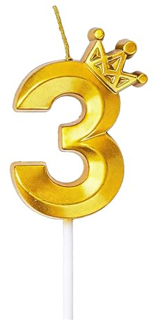 Fesnova Kerze 3. Geburtstag, Gold Glitzer 3D Zahlen Geburtstagskerzen mit Krone Geburtstagskerzen, Geburtstagskerzen Zahlen, Cake Topper 3. Geburtstag, für Jungen und Mädchen Geburtstagsdekorationen