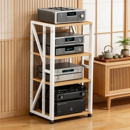 Jidanmian 4 Tier AV Media Stand with Wheels, Steel Frame and High-density Board, Adjustable Spacing，Modern Stereo Cabinet Receiver Console Shelf for Home, Amplifier, DVD Player
