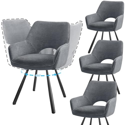 JIJIAN 4er Set 360° Drehbare Esszimmerstühle mit Armlehnen, Grau | Drehbar Stühle Esszimmer mit Metallbeinen, Moderner Küchenstuhl aus Cord, Polsterstuhl für Esszimmer, Küche, Wohnzimmer