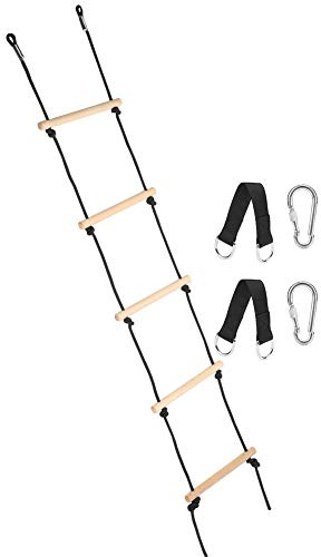 Fauitay Scala di Corda per Bambini per Arrampicata, Scala di Corda in Legno con Fibbie Sospese in Metallo per Giochi All'aperto Al Coperto, da Arrampicata a 5 Gradini, Caric