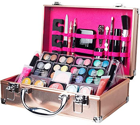 Dawn Till Dusk 54 Pieces Makeup Set with Travel Vanity Box by Envie, Includes Eyeshadow Palette, Lip Gloss, Lipsticks, Manicure Set, Makeup Brushes, Compact Mirror and Much More - (Rose Gold)