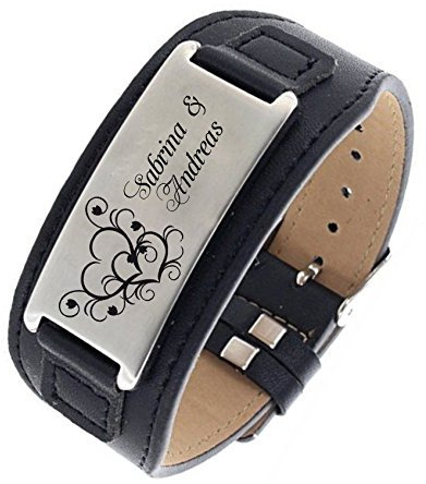 aplusashop ID Leder Partnerarmbänder mit Edelstahlplatte mit Gravur nach Wunsch Zwei Farben (Schwarz Einzeln breit (1 Stück))