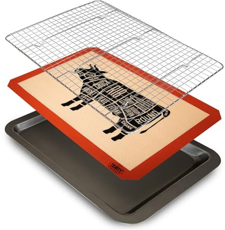 Trinity Provisions Small Meat Resting Pan - With Wire Rack and Silicone Baking Mat - Dishwasher and Oven Safe Stainless Steel, for Cooking and Cooling Steak, BBQ, Bacon, & More