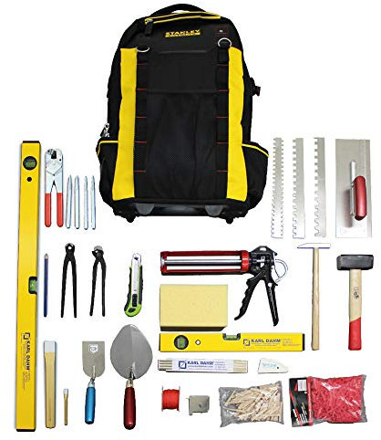 Karl Dahm Werkzeugausrüstung Basic I 2 in 1 – Rucksack & Trolley zum Tragen oder Ziehen I Fliesenlegerwerkzeug-Set für Einsteiger & Profis I Fliesen legen leicht gemacht – 12653