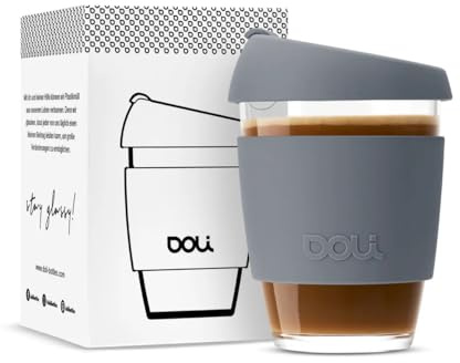 Doli Glas Kaffeebecher to go 340ml Grey - Schwappdicht mit Thermohülle - Trinkbecher für Heiß- & Kaltgetränke - Spülmaschinenfest - BPA-frei