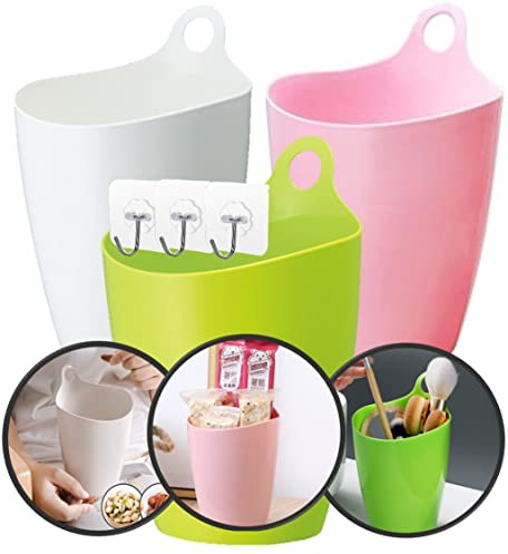 QUALIALL Declutter and Organize with Our Hangable Desktop Trashcan - Small, Multifunctional, and Stylish - Perfect for Makeup Brushes, Lint, and More! Plastic Pink Green White, 3packs
