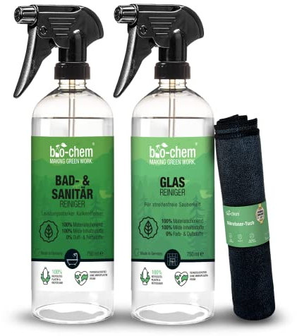 bio-chem Badreiniger BASIC-SET 3-teilig: Bad- und Sanitärreiniger 0,75 l + Glasreiniger 0,75 l inkl. Mikrofasertuch - WC- & Dusch-Reiniger gegen Kalk an Fliesen, Armatur, Duschwand & Bad-Zubehör