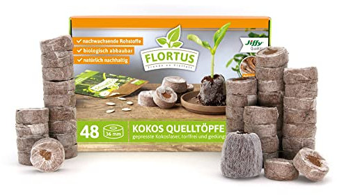 FLORTUS – Kokos Quelltöpfe aus Anzuchterde mit Nährstoffen – 48 Stück Kokos Quelltabletten torffrei & biologisch abbaubar – Quelltabs aus Kokoserde gepresst zur Pflanzen Anzucht von Samen & Setzlingen