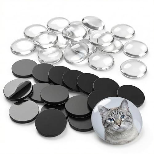 QWORK® 60 Stück Glas Cabochon Rohlinge und Runde Magnete mit Selbstklebender zum Basteln, Kleine Magnete für Kühlschrank und Whiteboard (25 mm)