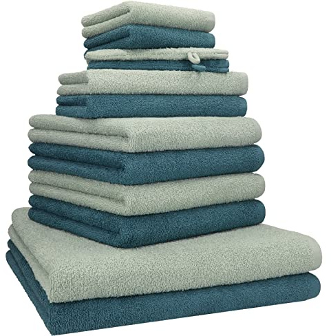 Betz Handtuch Set 12-teilig – 2 Duschtücher 70×140 cm, 4 Handtücher 50×100 cm, 2 Gästetücher 30×50 cm, 2 Seiftücher 30×30 cm & 2 Waschhandschuhe, 100% Baumwolle Oeko-TEX® Jade/taubenblau Berlin