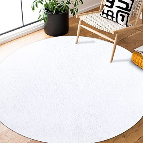 payé Teppich Rund Hochflor Shaggy - 160x160cm - Weiß Einfarbig Uni Flauschig Modern Boho Wohnzimmer Schlafzimmer Deko Teppiche Weich Schlafzimmer