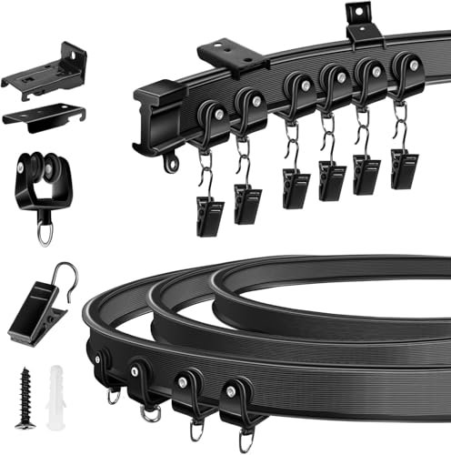 Bendable Curtain Track for Bay Window, Flexible Curtain Rail Wall Ceiling Mounted 3.65Meter/12Ft Heavy Duty Plastic Curtain Track System for Bed RV Room Divider, Curtain Tracks and Fittings, Black