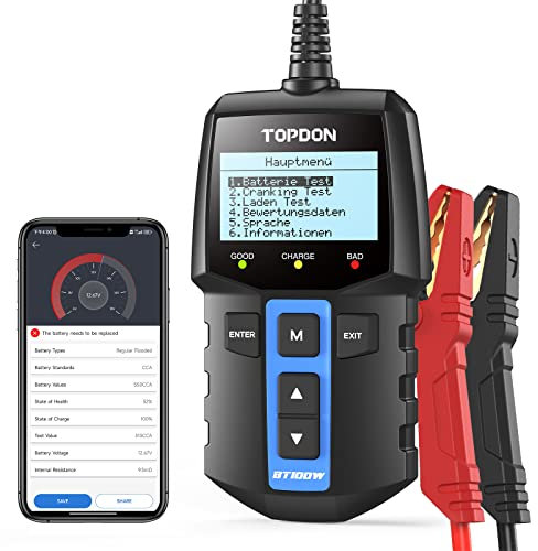 2 in 1 Car Battery Tester, TOPDON BT100W 12V Bluetooth Battery Tester Automotive 100-2000 CCA Alternator Tester Digital Battery Load Tester Charging Cranking System Supported Battery Library