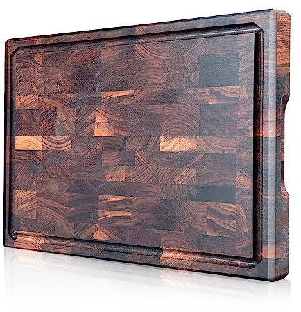 COCOBOSS Planche à découper en bois de noyer noir de qualité supérieure avec rainure pour jus, pieds antidérapants et poignées (34 x 24 x 2,3 cm, coffret cadeau)