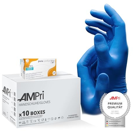 AMPRI Nitrilhandschuhe, blau, 10 Box a 100 Stk, Größe XL, puderfrei, Puracomfort blue: Nitril Einmalhandschuhe, Einweghandschuhe in den Größen XS, S, M, L, XL, XXL
