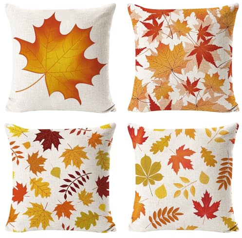 Juego de 4 fundas de cojín decorativas otoñales de 45 x 45 cm, diseño de hojas de arce de lino para sofá y cama