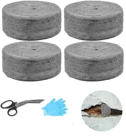 DASIAUTOEM Lot de 4 Pelotes de Laine d'acier Contre les Souris, 20m Avec Gants de Travail, Ciseaux Fins Contre les Rongeurs, Laine d'acier pour Trous et Fissures de Mur de la Maison, du Jardin