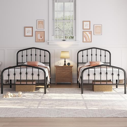 Yaheetech 2er Set 90 x 200 cm, Vintage Metallbett mit kronenförmigem Kopfteil, Stabiles Bettgestell Einzelbett aus Metall, Robust & Leichte Montage Gästebett Jugendbett Tagesbett, Schwarz