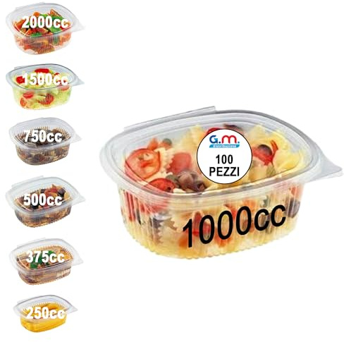 GM 100 Contenitori Ermetici Per Alimenti Ovali 1000cc - Trasparenti Con Coperchio - Contenitore Pranzo In PET Monouso - Made In Italy