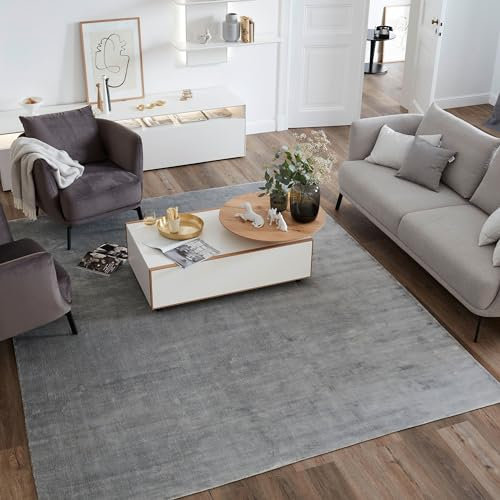 Schöner Wohnen Kollektion Hochwertiger Teppich Wohnzimmer, Schlafzimmer - Hochflorteppich weich - Handgewebt & langlebig - Modernes Design - Teppich Silber 200 x 300 cm