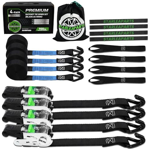 StarLeaparts Spanngurte mit Ratsche 4 Stück, 900kg Bruchfestigkeit - 25mm x 4m Zurrgurte mit Ratschen Satz, Spanngurte mit Haken für Motorrad, Umzugsgeräte und Fracht, Schwarz