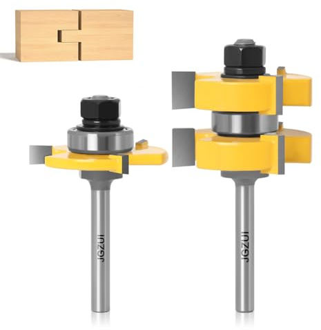 JGZUI 1/4 Inch Shank Tongue and Groove Set of 2 Pieces Router Bit, 3 Teeth, T Shape, Wood Milling Cutter, Cove & Ogee Cut, Carbide, Up to 1-1/4 Stock - 1/2 Depth