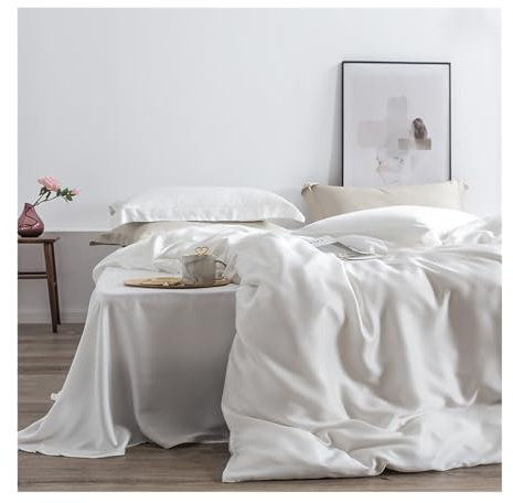 TEmkin Bettwäsche-Set, grünes Seidenbettwäsche-Set, 25 Momme, Seidenbettlaken, Beauty-Bettbezug-Set, Kissenbezug, Queen-Size-Bettset (Bianco Queen)