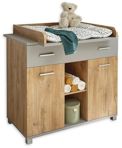 LARISSA Praktische Baby Wickelkommode inkl. Wickelaufsatz in Bolton Oak Optik / Arktisgrau - Vielseitiger Wickeltisch mit viel Stauraum - 107 x 104 x 79 cm (B/H/T)