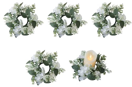 Huilimei 5 Pcs 25 cm Candle Rings Wreaths,Artificial Hydrangea Wreath Candles Wreaths for Pillars Christmas Wedding Home Table Party Decoration (White)
