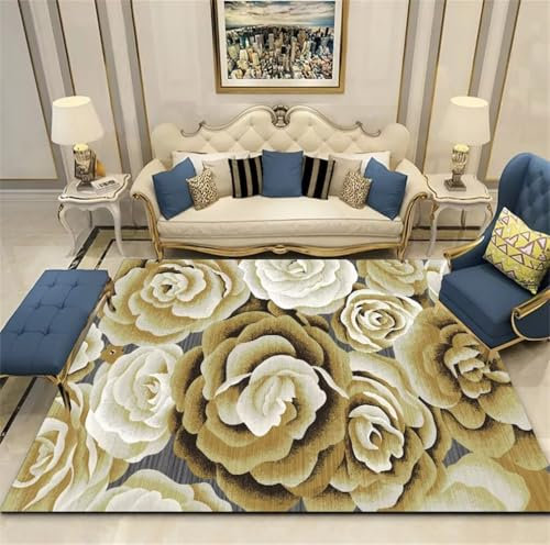 RUGMRZ Zimmer Teppich 70x140CM für Wohnzimmer wc Gelb Großer Rutschfester, langlebiger Flurteppich mit Blumenmuster