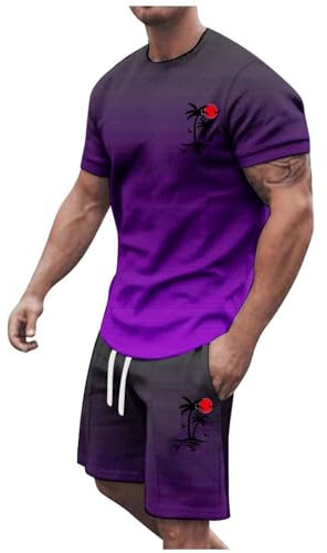 Männer Gürtel Schwarz 2024 männer Sommer Leichtathletik Plus Größe Kurze Ärmel O Neck Sport Set Casual Kleine Kokosnuss Druck Weste Mit Innentasche (A4-Dark Purple, XXL)