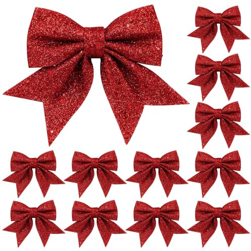 YSUVIN Noeud de Ruban de Noël, 12PCS Arcs de Noël Pailletés, Scintillant Décoration d'arbre de Noël pour La fête d'anniversaire de Mariage de Noël, Noeud Rouge Noel