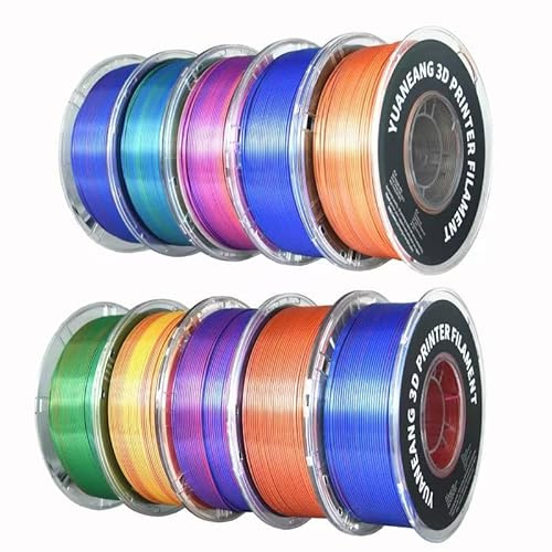 YUANEANG Lot de 10 rouleaux de filament PLA en soie triple couleur, bobine de 10 kg, 1,75 mm, précision dimensionnelle +/- 0,03 mm, 10 couleurs triples différentes