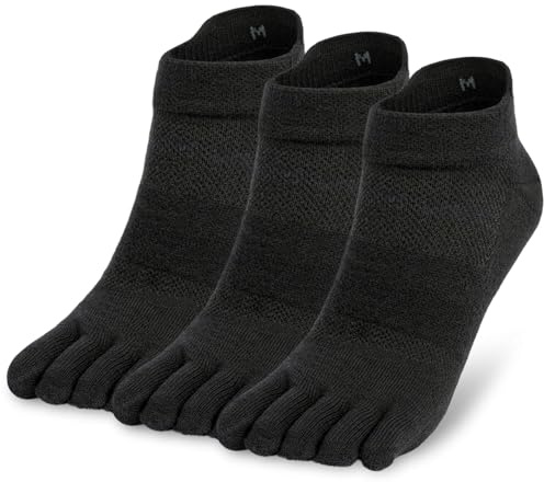 likloks Merino Wool Toe Socks for Men and Women - Athletic Running Five-Finger Socks Ankle Length (3 Pairs) Black - M