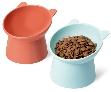 Amazon Basics, Ciotole Rialzate per Gatti, a Forma di Orecchio di Gatto, Confezione da 2, 13,2 × 13,2 × 11,4 cm, Arancione e Blu