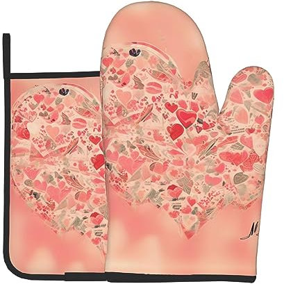 WZYWHJ Set di guanti da forno e presine a forma di cuore con fiori per cucinare, forno a microonde, grigliate, resistenti al calore, con cordino