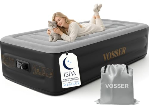 VOSSER Twin Air Mattress with Built in Pump,18''Inflatable Mattress 2 Mins Self-Inflation/Deflation,XL-Long Blow up Mattress Thicker,Flocked Top Air Bed with Storage Bag for Home, Camping & Guests