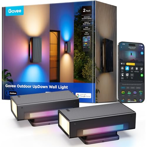 Govee Outdoor UpDown Wandleuchte, 1400lm RGBICWW Wandlamp, IP66, 2 Stück | 2700K–6500K UpDown Außenwandleuchte mit 64 Szenen, DIY-Farben, Funktioniert Matter/Alexa/Google, Veranda, Balkon, Terrasse