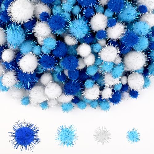 NACHLYNN 1000 Glitzer-Pompons zum Basteln Großpackung 4 Größen Bunt Weiche Flauschige Pompons Bommel zum Basteln DlY-Dekorationsaktivitäten, mit Aufbewahrungstasche (Blaue Serie)