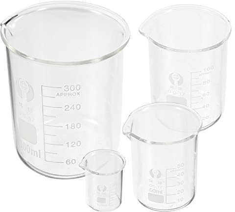 BESTOYARD Juego de 4 Vasos Medidores de Vidrio de Laboratorio de Química de Borosilicato Resistente al Calor, Tazas Medidoras Científicas 10ml, 50ml, 100ml y 300ml para Experimentos