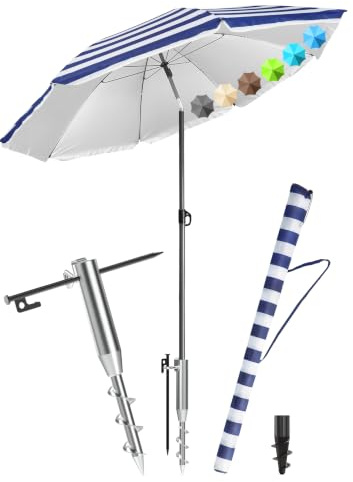 4smile Sonnenschirm Strand SET mit Eindrehbodenhülse, Ø 180 cm, Blau-Weiß